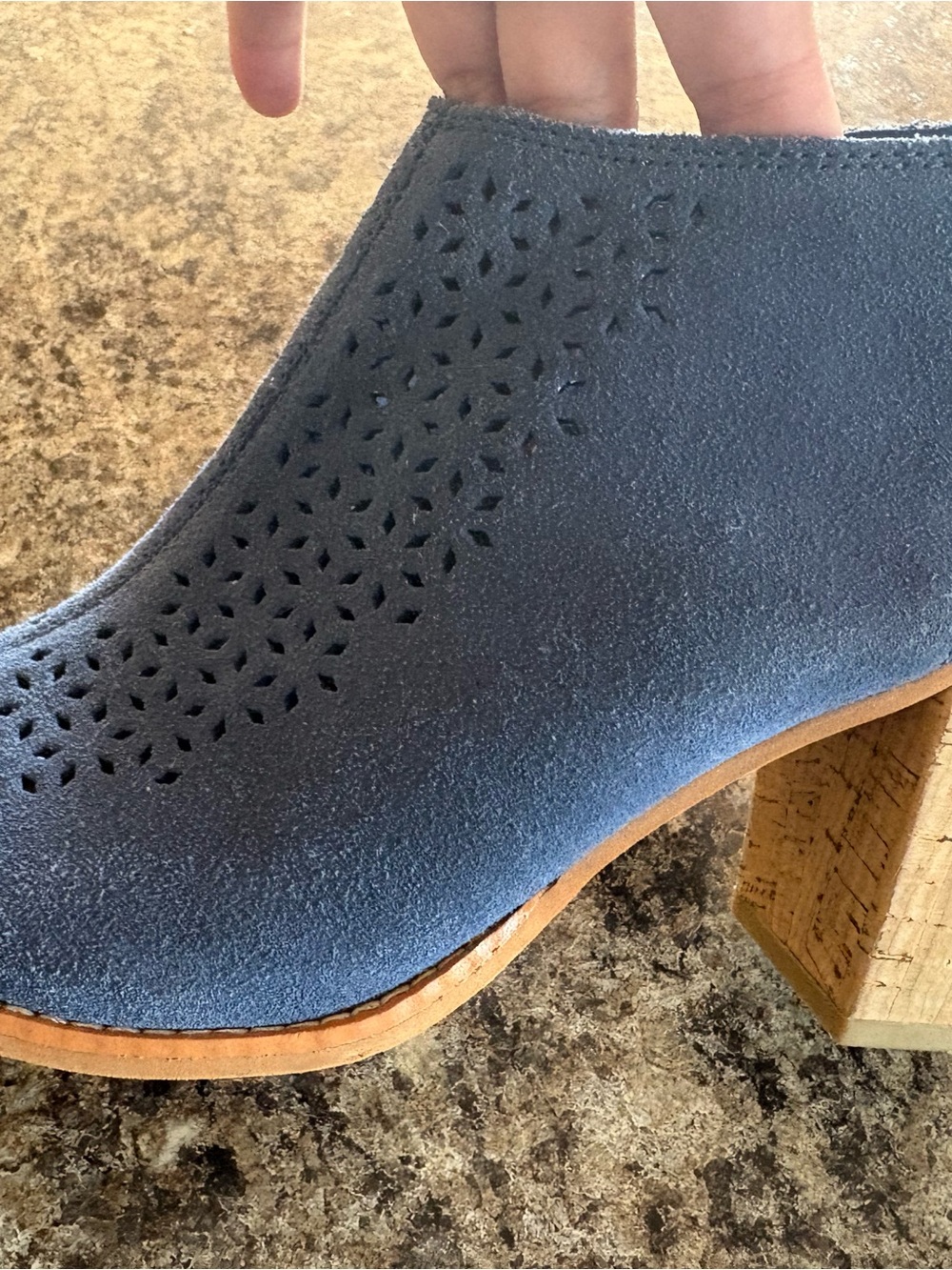 Toms Blue Suede Perforated Block Heel Booties with Tassel Back